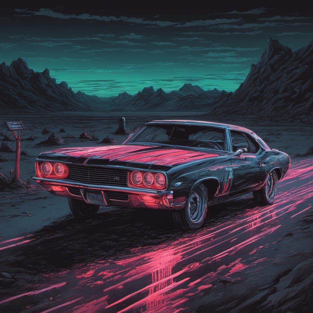 Neon Muscle Car on Desert Road at Night