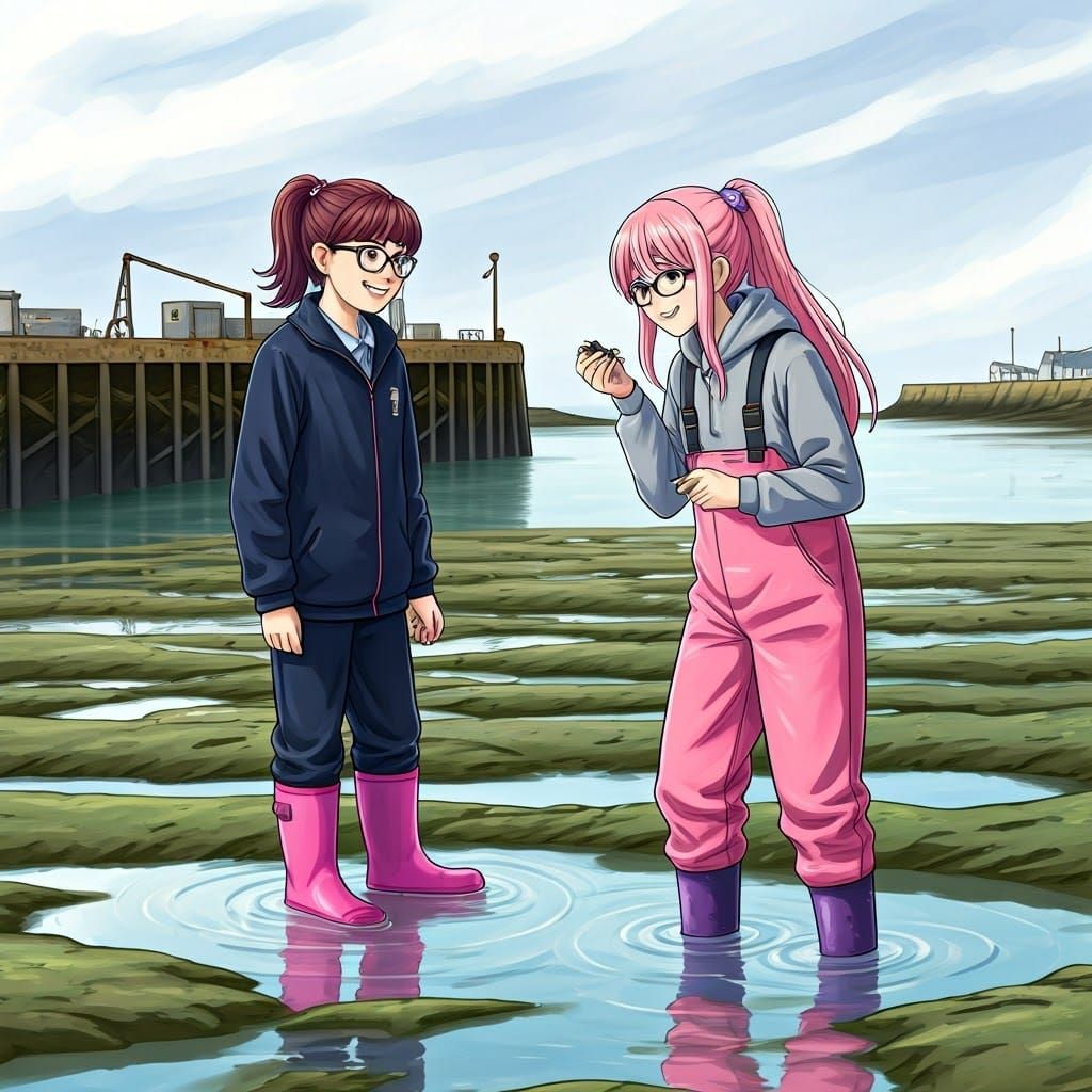 Girls Collecting Marine Samples in Squelchy Mud at Low Tide