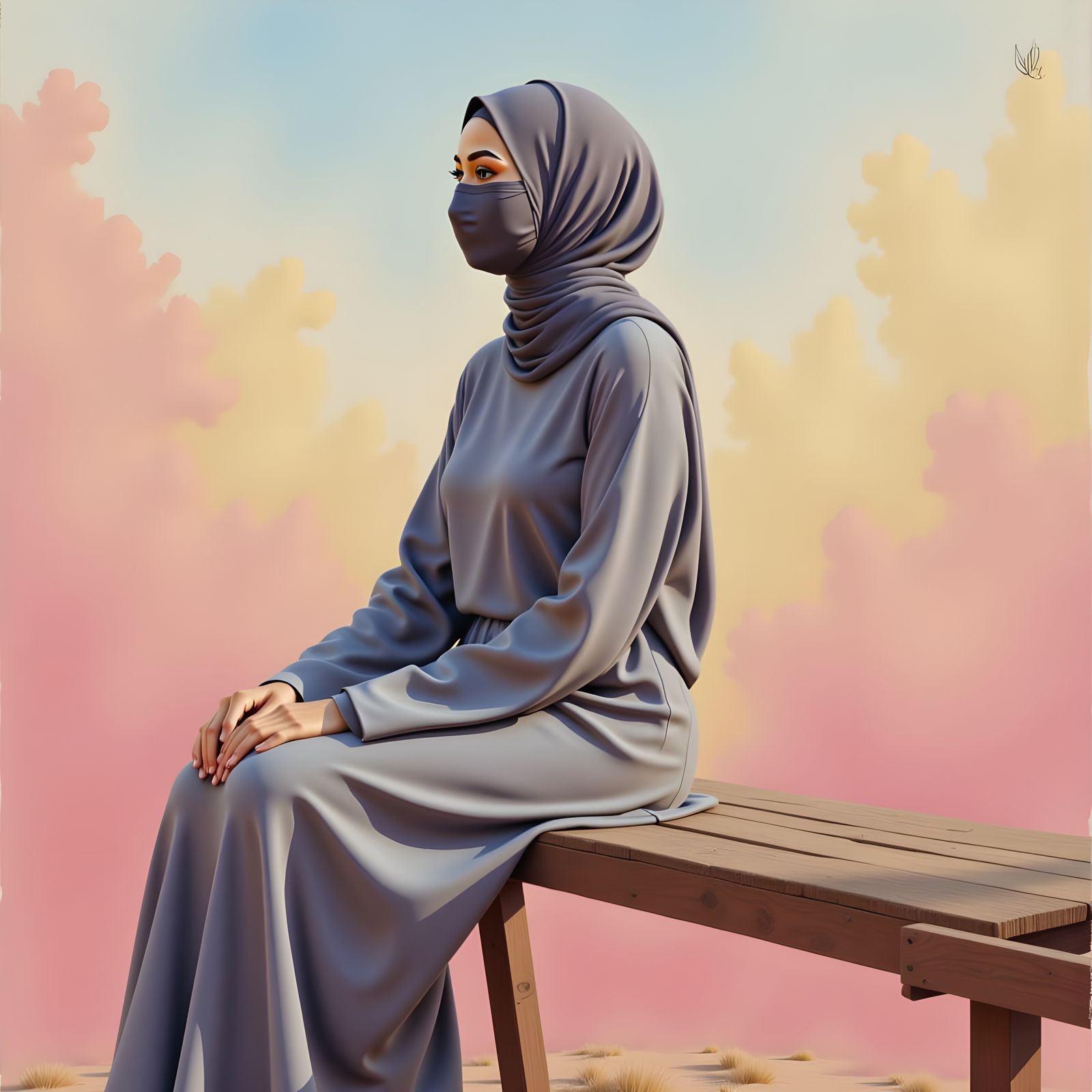 Serene Woman in Hijab in Oil-Gouache Style