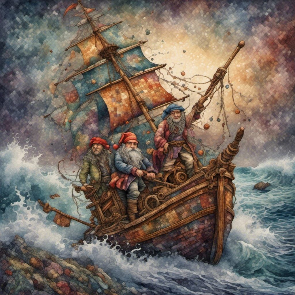 Gnomes Sailing Stormy Seas: Impressionistic Adventure