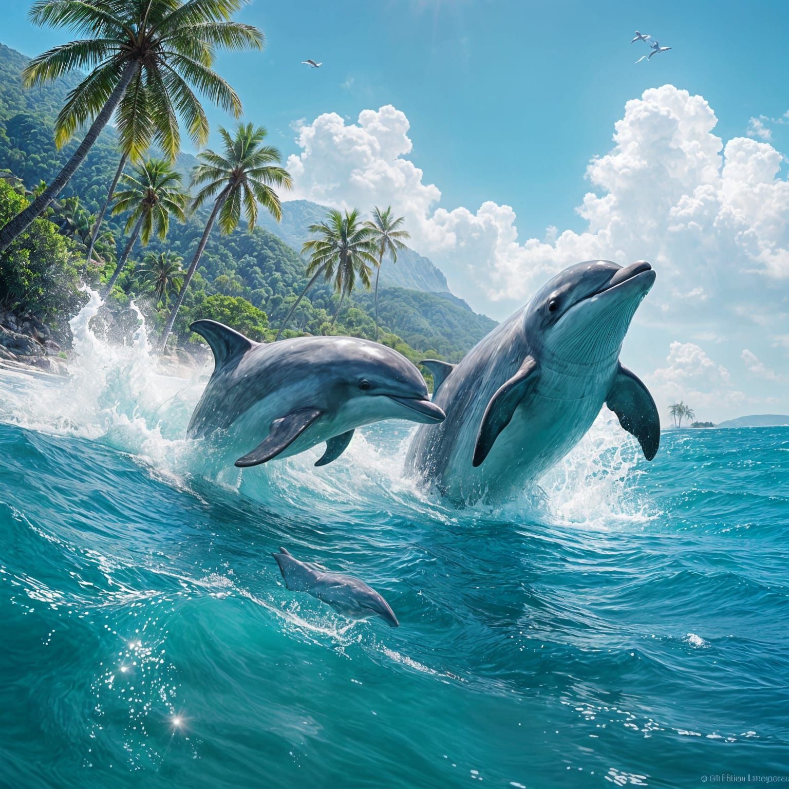 Dolphins Leaping in Turquoise Water, Stylized Painting