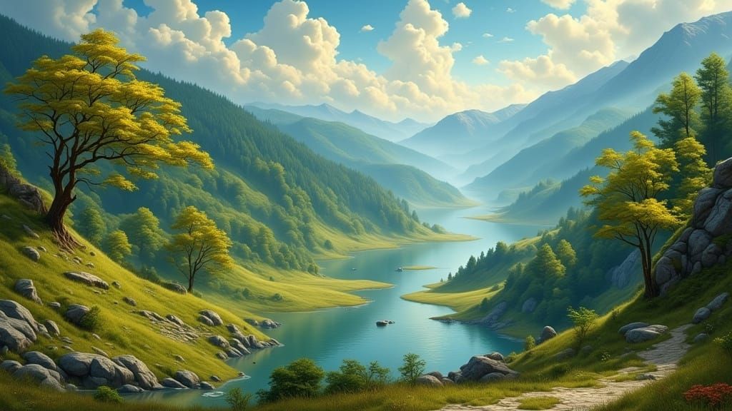 Dreamlike Landscape in Impressionist Style with Whimsical De...