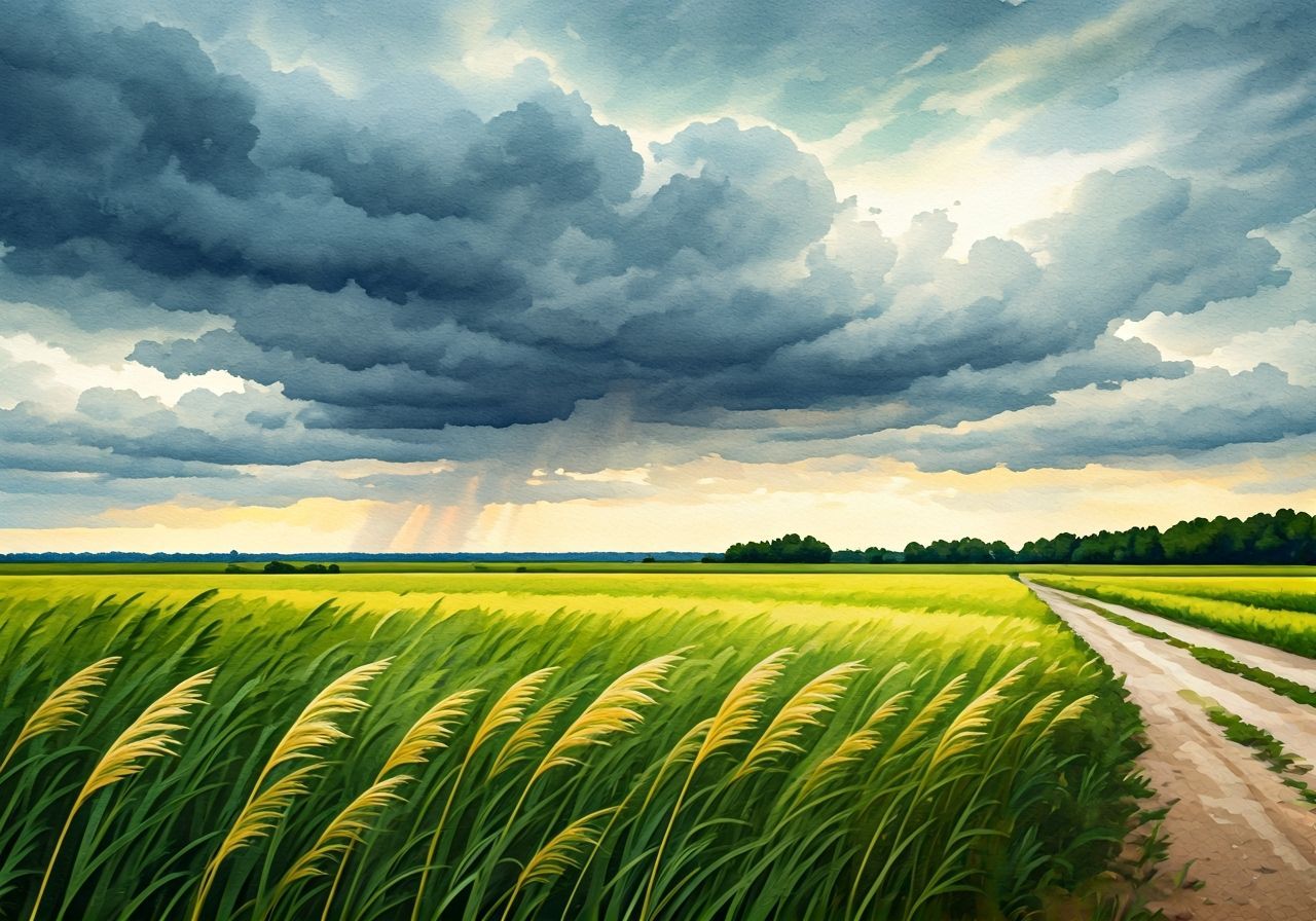 Linen Field Under Stormy Skies as Watercolor Masterpiece