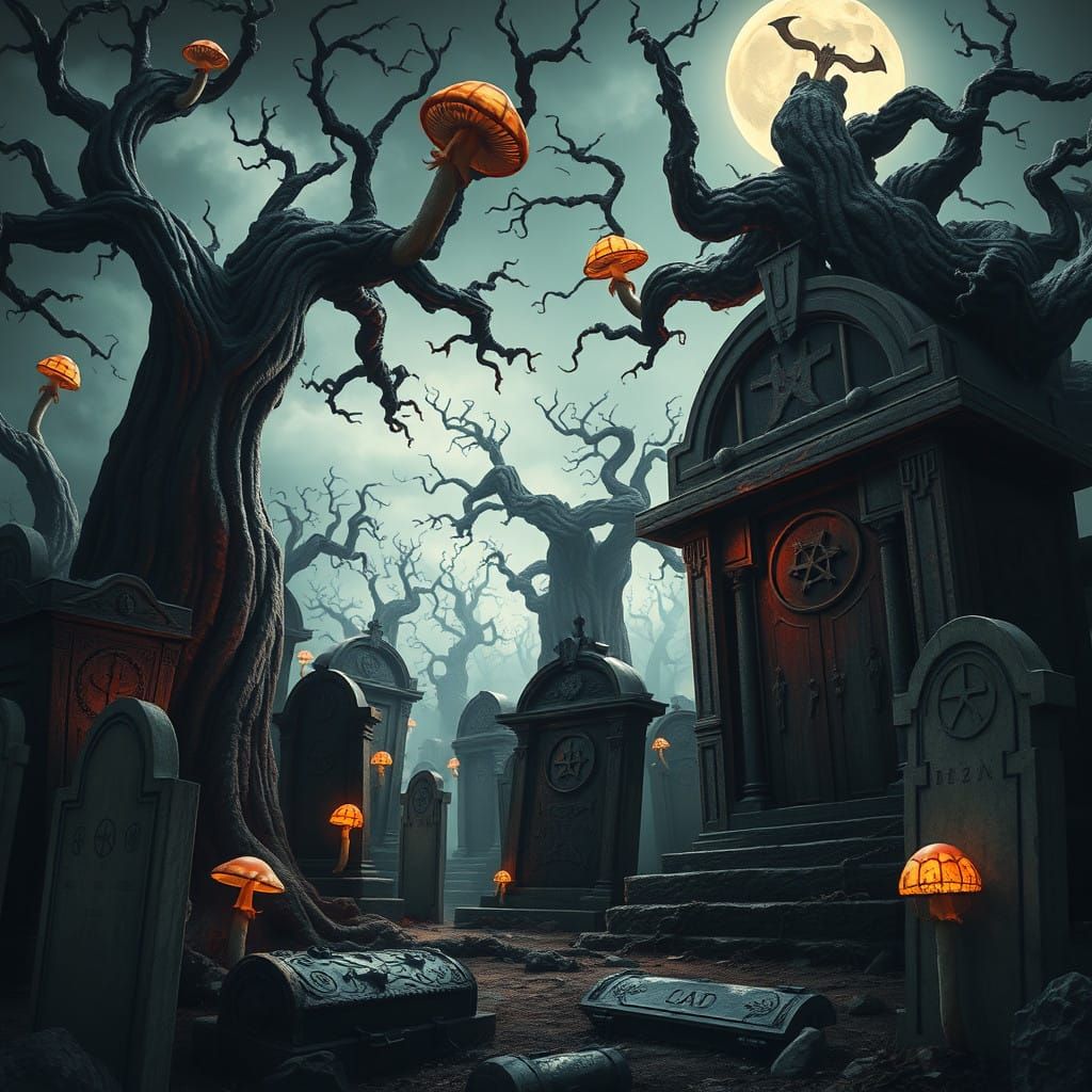 Surrealist Landscape with Twisted Trees and Cryptic Symbols