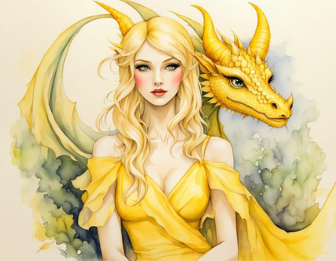 Fairy Girl and Dragon in Watercolor Sketch Style