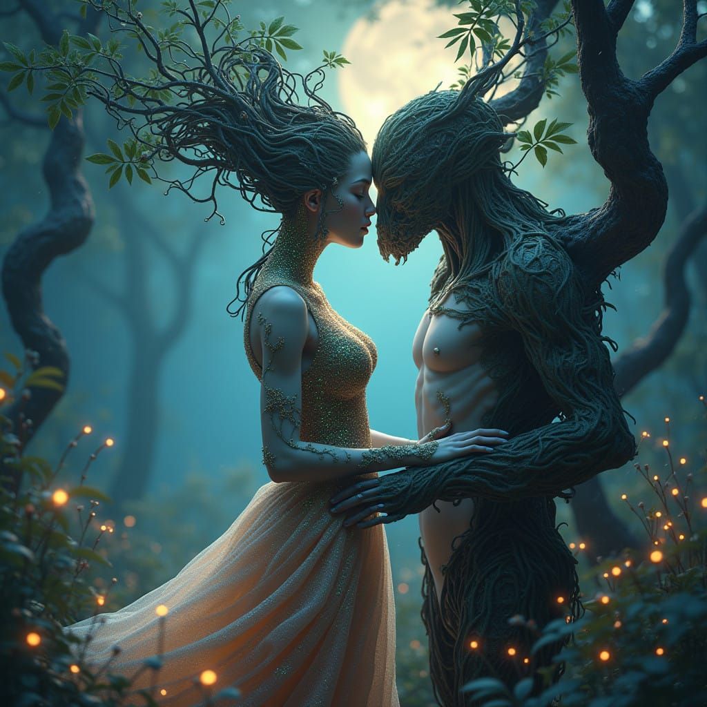 Mystical Forest Encounter in Vibrant Iridescent Style