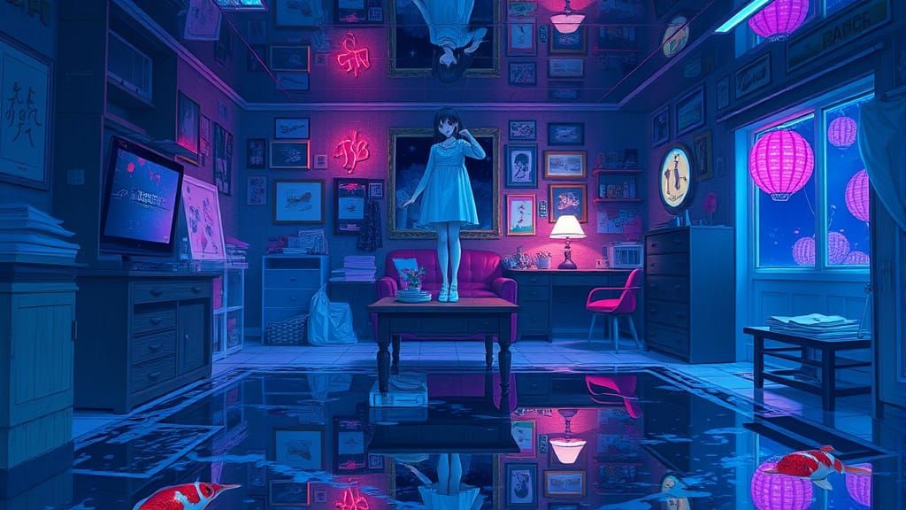 Cyberpunk Woman in Flooded Room Painting