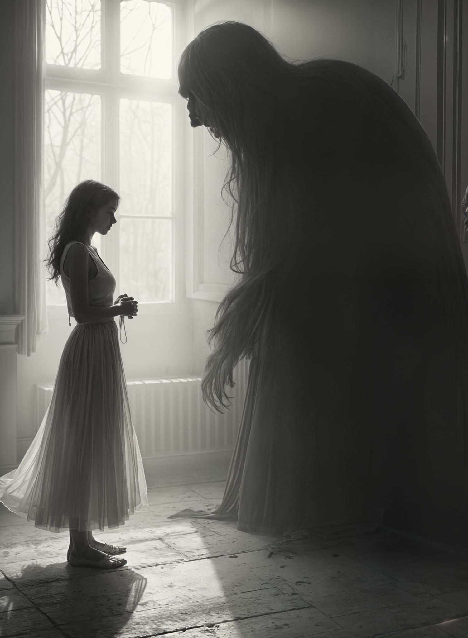 Woman Walks Toward Shadow in Grayscale