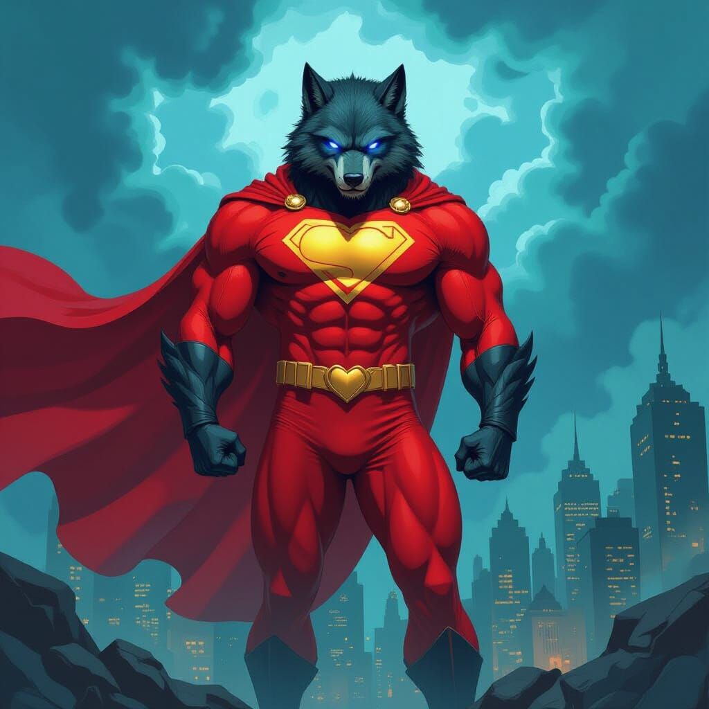 Werewolf Superhero in Impasto Style Against Stormy Cityscape
