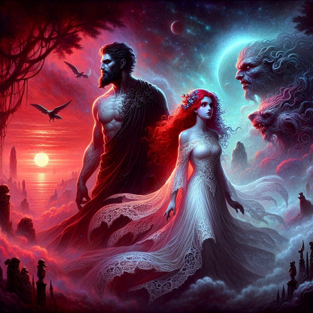 Hades and Persephone in Fantastical Underworld Landscape