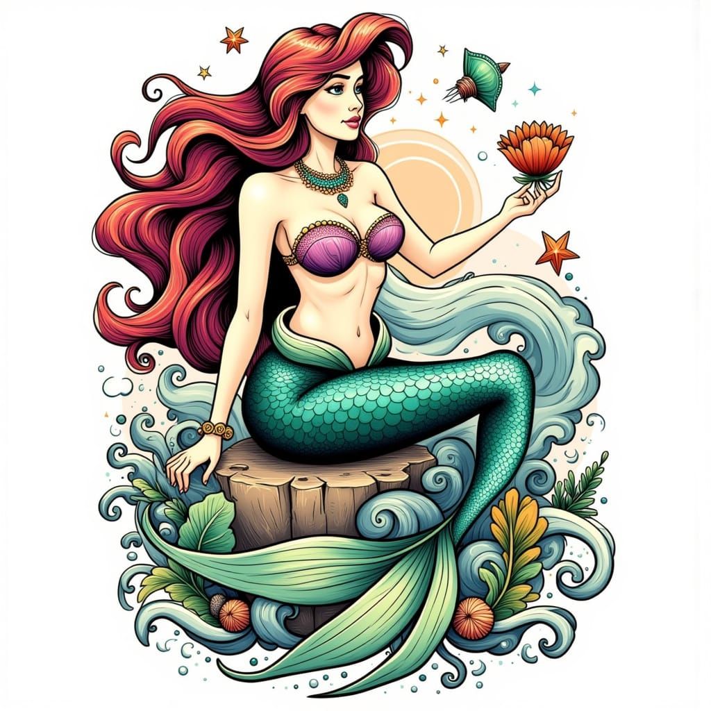 Mermaid Sitting on Sea Rock in Neo-Traditional Tattoo Style