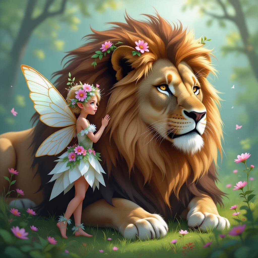 Fairy Creature Merged with Majestic Lion in Dreamlike Settin...