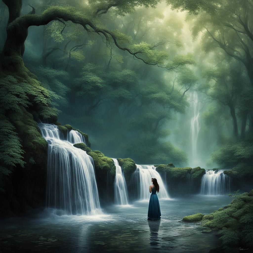 Woman Contemplating Nature by Waterfall