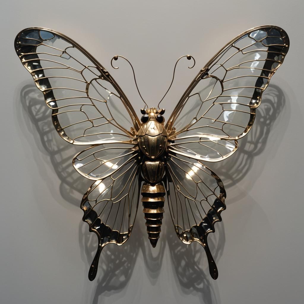 Reflective Metal Moth Sculpture with Transparent Wings
