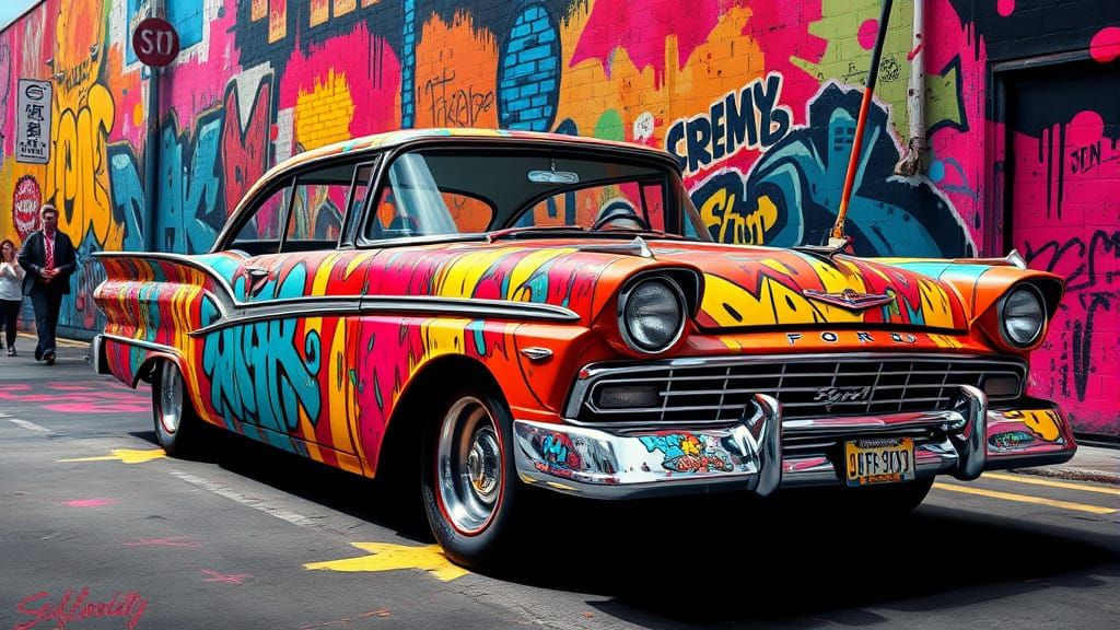 Graffiti Art Ford Fairlane in Bold, Vibrant Colors