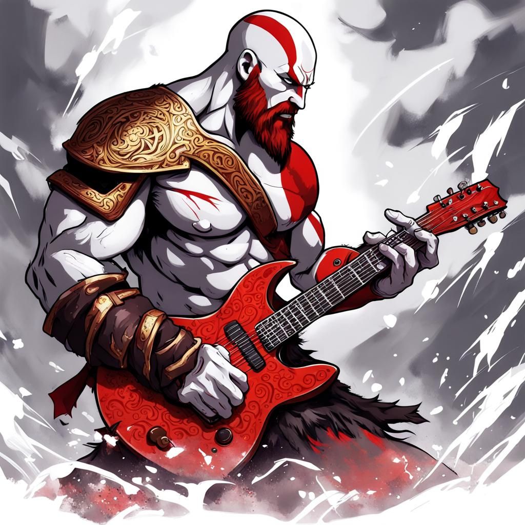 Kratos Shreds Guitar in Anime Style