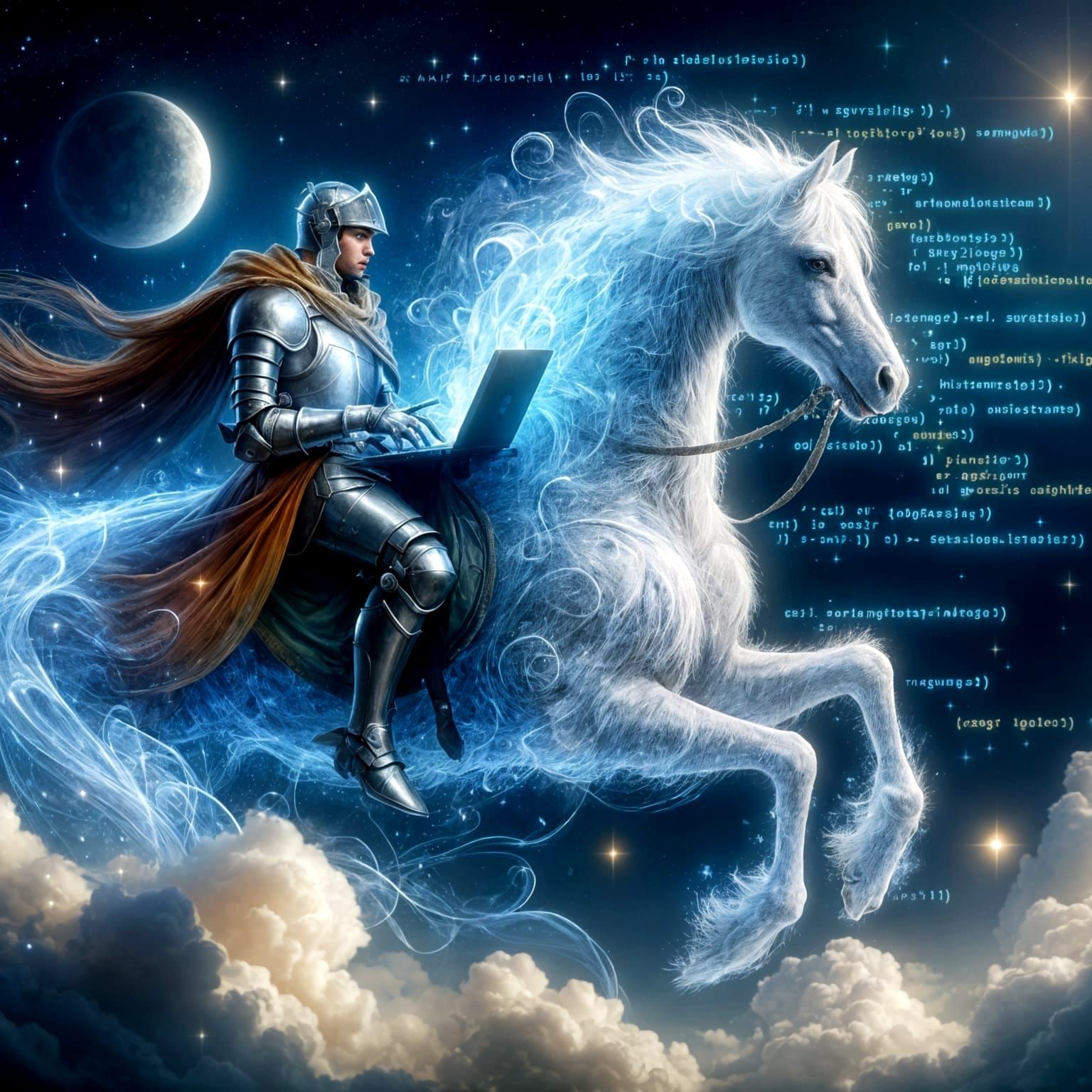Knight in Aetheric Pegasus, Coding Amidst Celestial Programs