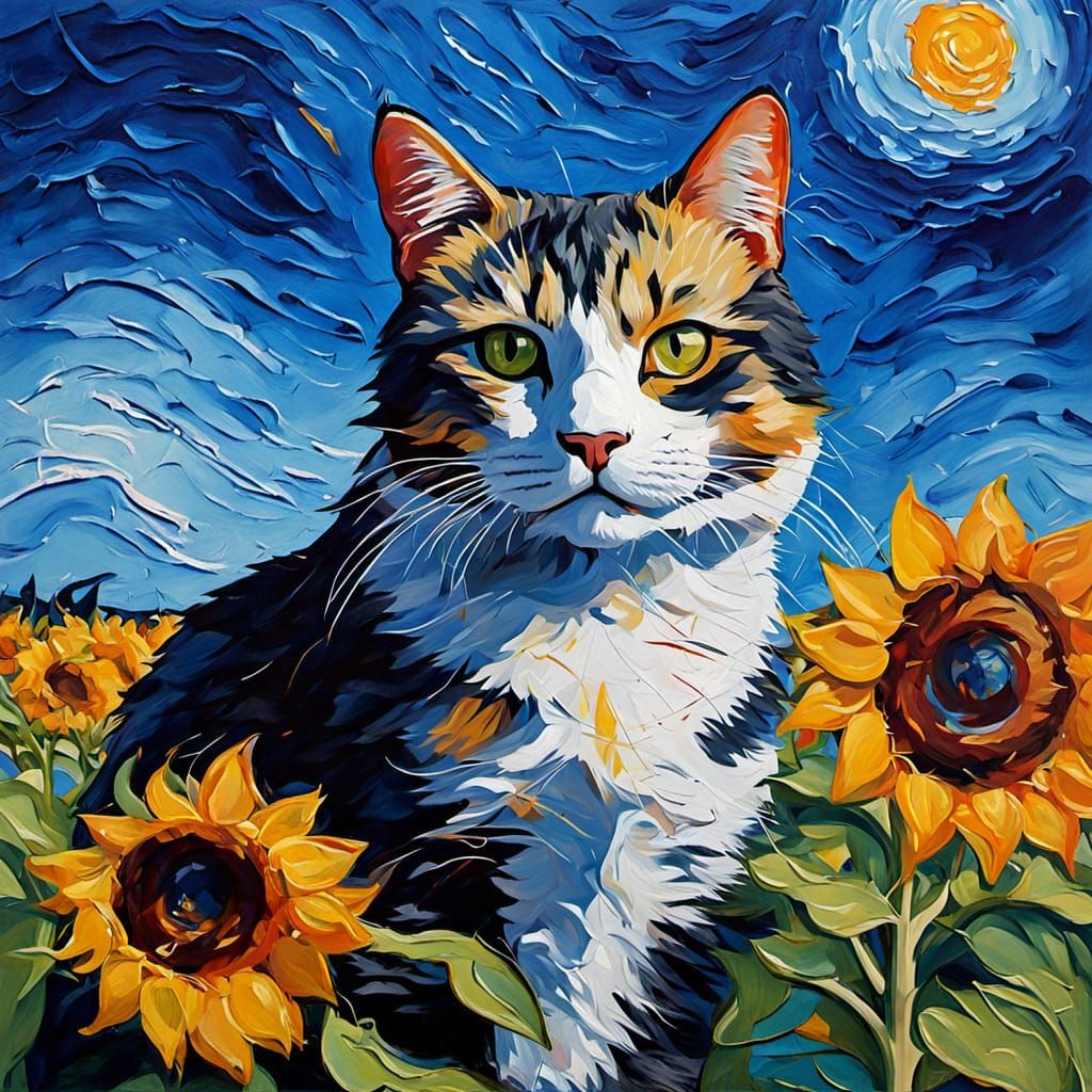 Calico Cat in Sunflower Field, Expressionist Oil Painting