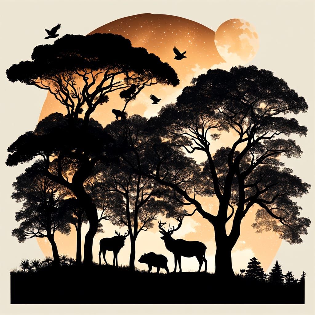 Silhouetted Animals and Trees Against Glowing Night