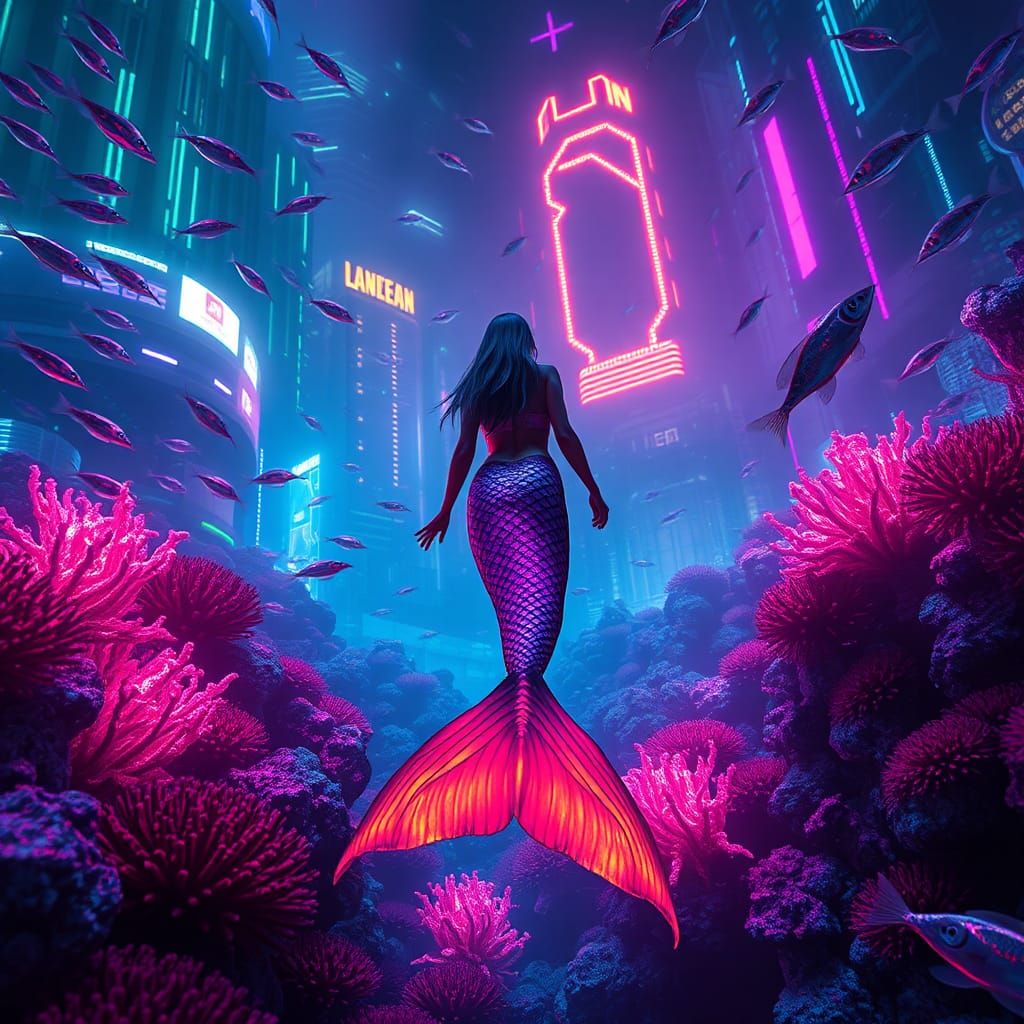Cyberpunk Mermaid in Neon Coral Reef