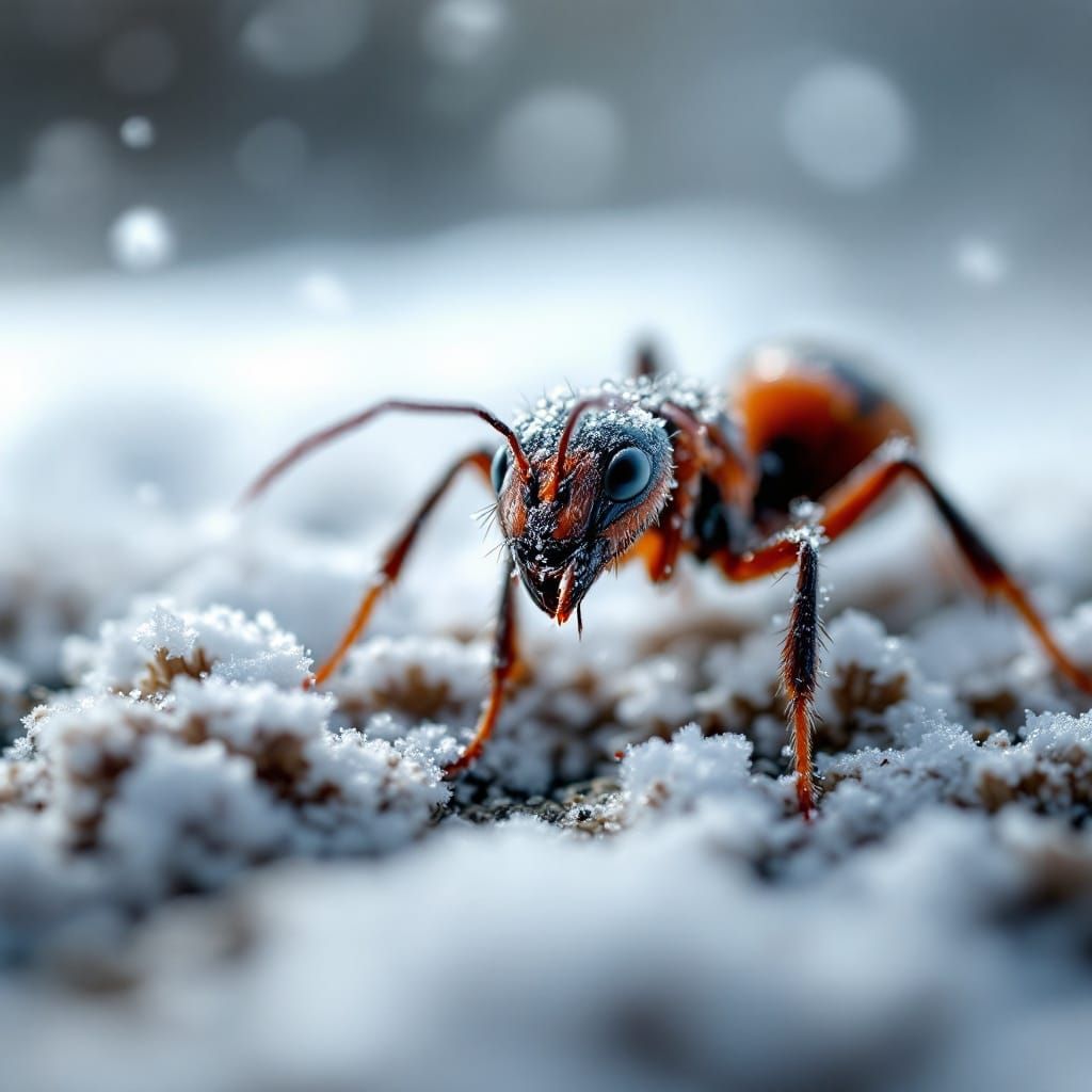 Snowy Ant Portrait in Realistic Macro Style
