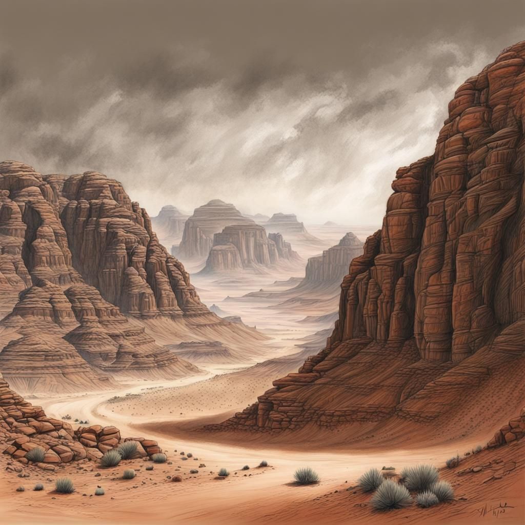 Vibrant Wadi Rum Charcoal Drawing