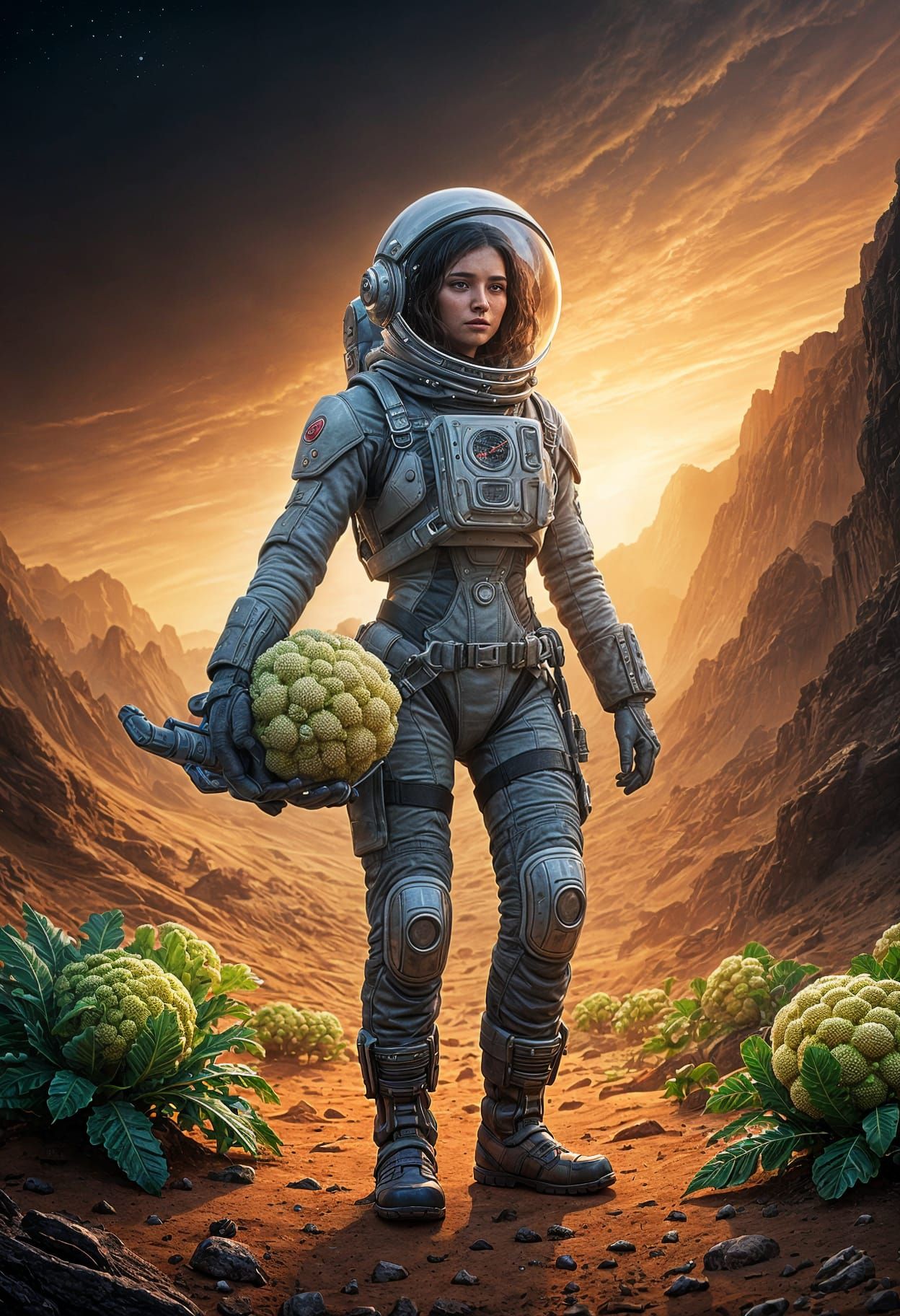 Mars Colonist Harvests Cauliflower Amidst Barren Landscape