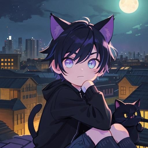 Cat-Eared Boy on Rooftop in Comic Book Art