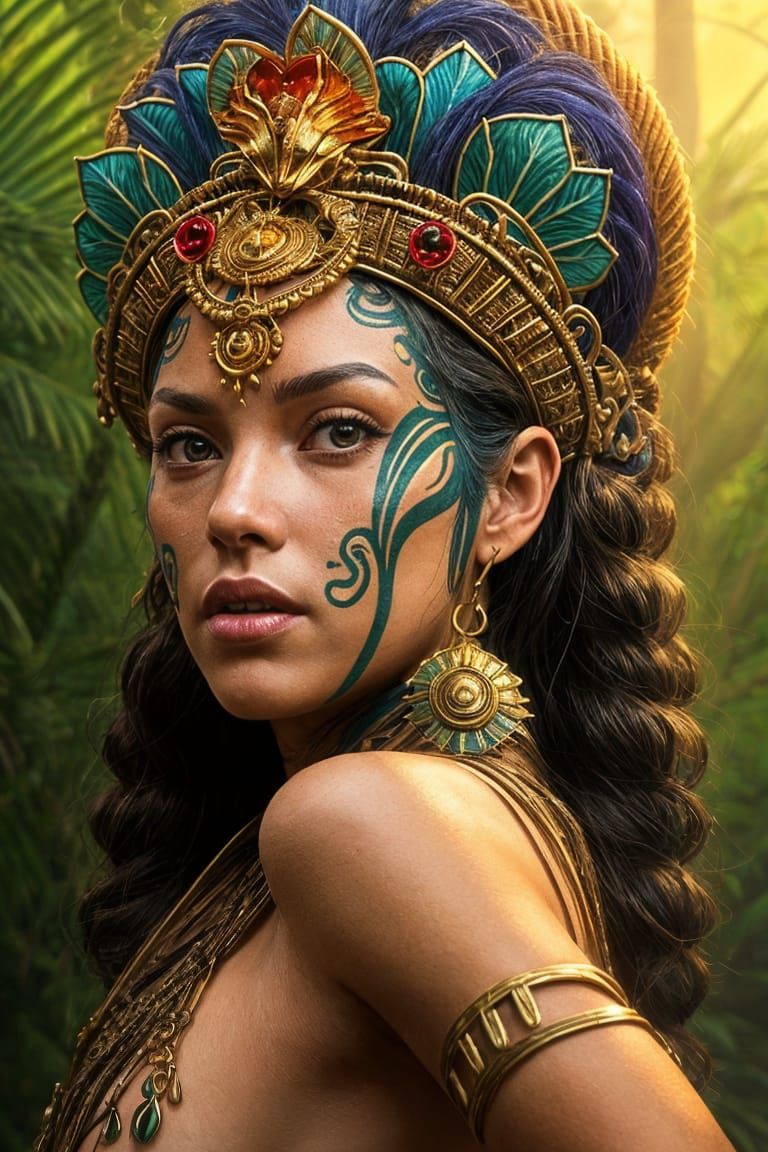 Mayan Jungle Goddess Portrait in Hyperdetailed Style