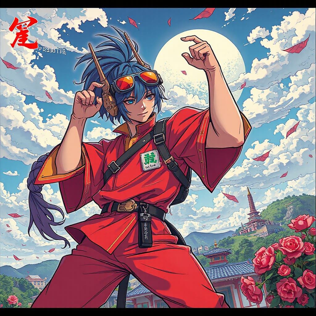 Dynamic Manga Character in Takashi Murakami Style