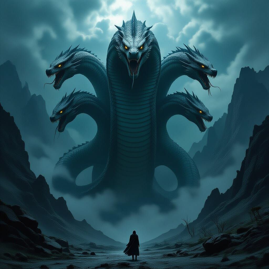 Colossal Seven-Headed Naga in Dark Mountain Landscape
