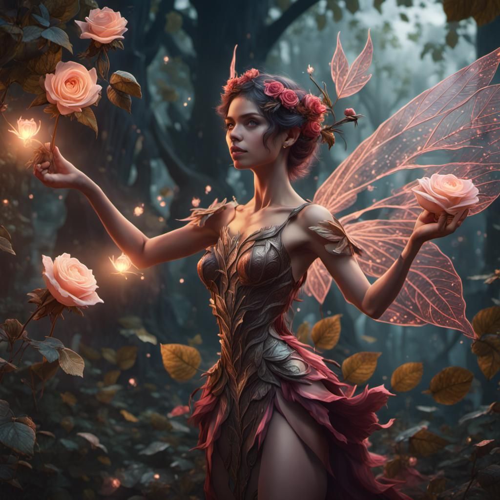 Rose Fairy Creating Leaves: Fantasy Concept Art