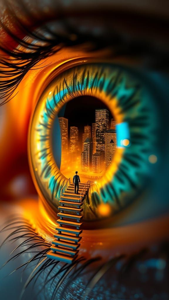 Vibrant Eye Portal to a Surreal Cityscape