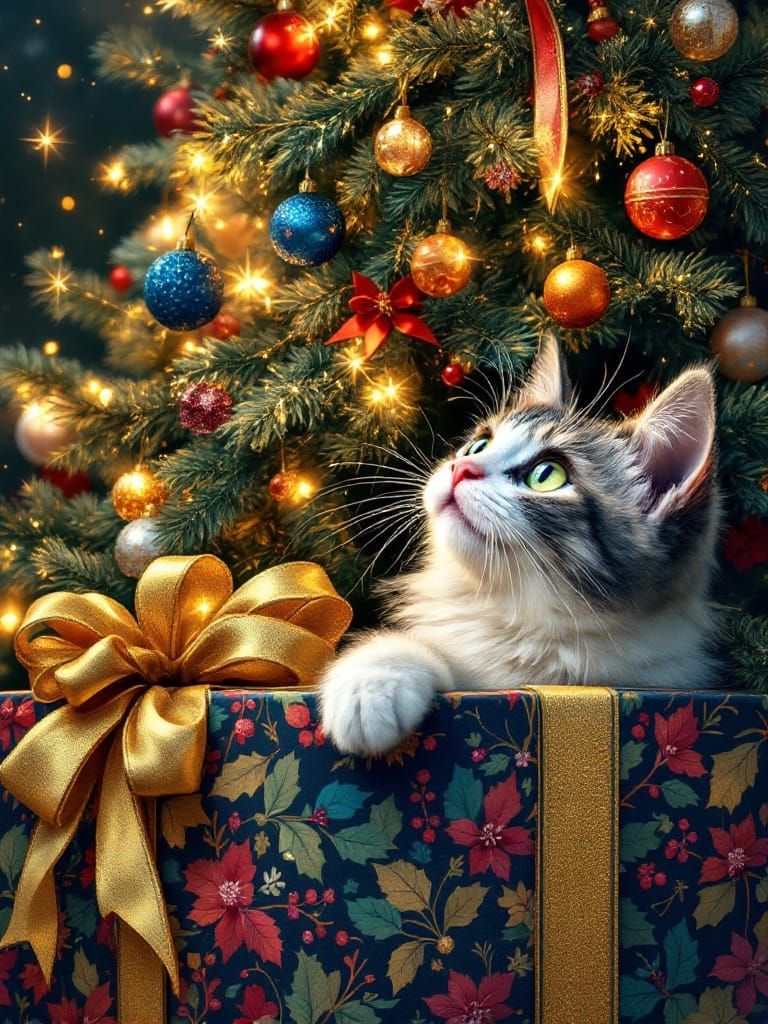 Whimsical Cat in Christmas Wonderland Scene