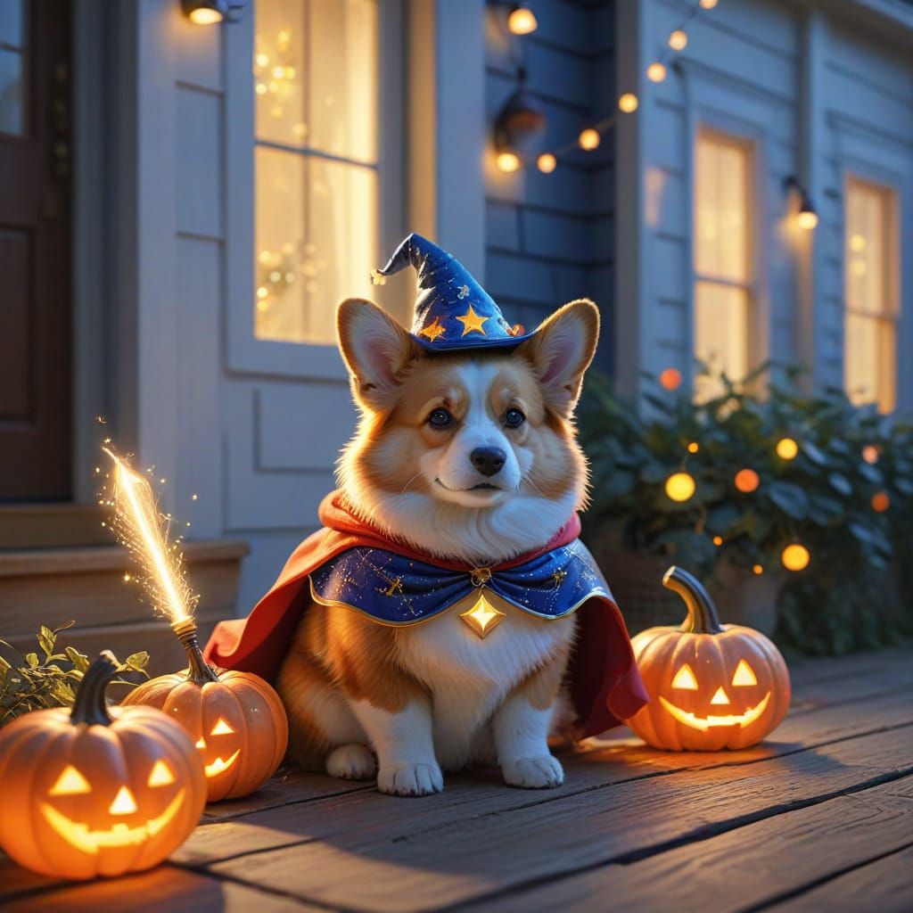 Chubby Cat Wizard & Corgi Knight on Pumpkin Porch