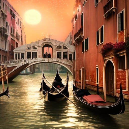 Venice Gondolas in Moonlight: A Digital Painting