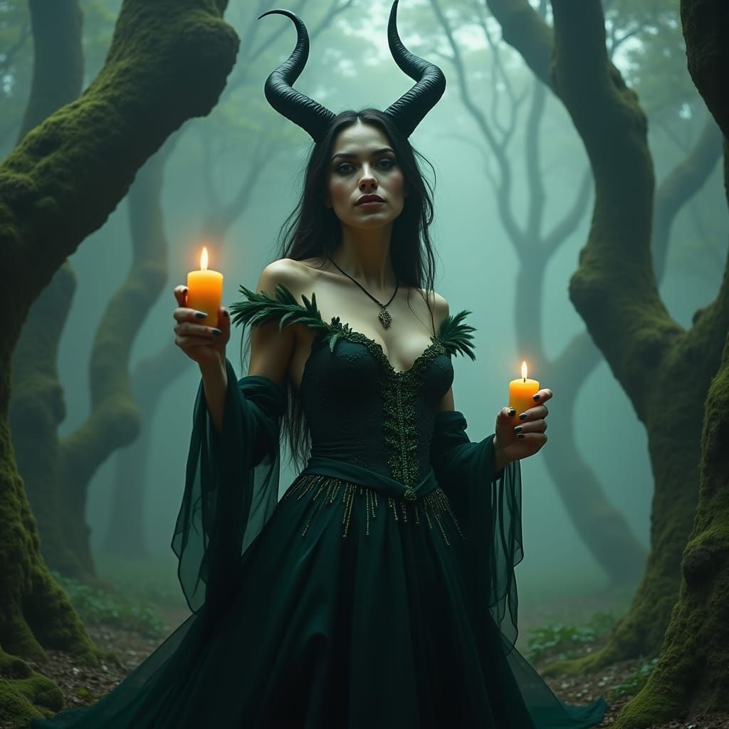 Enchanting Witch in Misty Forest with Golden Sparks