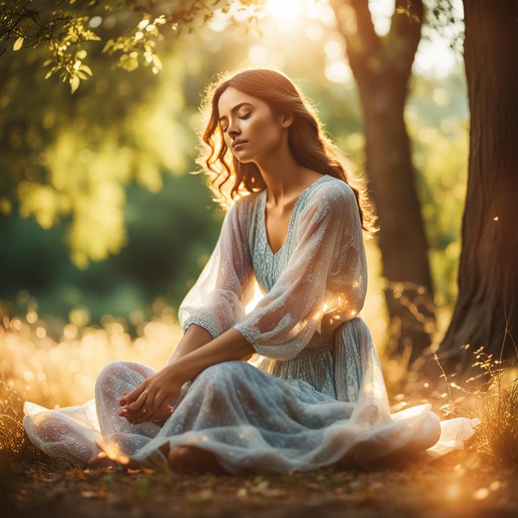 Serene Woman Meditates in Nature: Cinematic Still Life