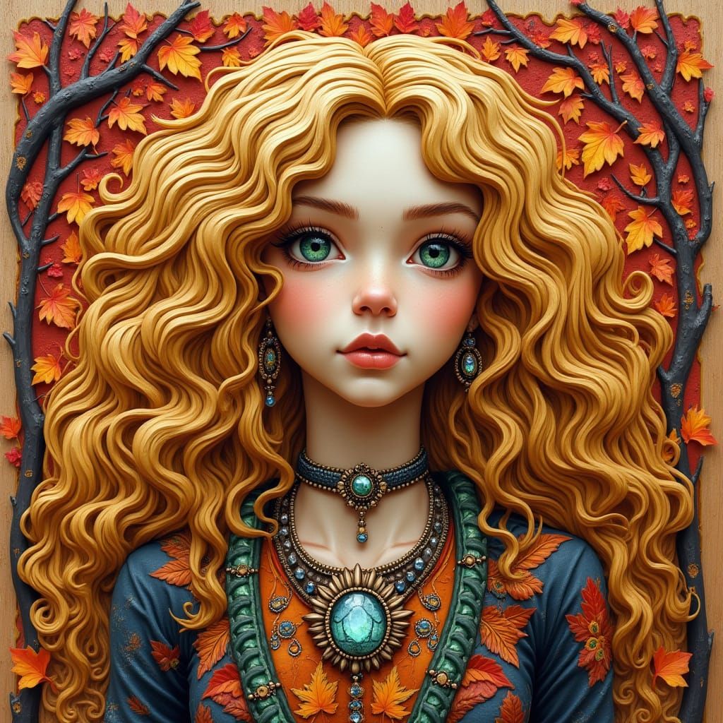 Detailed Wood Carving of Bohemian Woman in Psychedelic Style