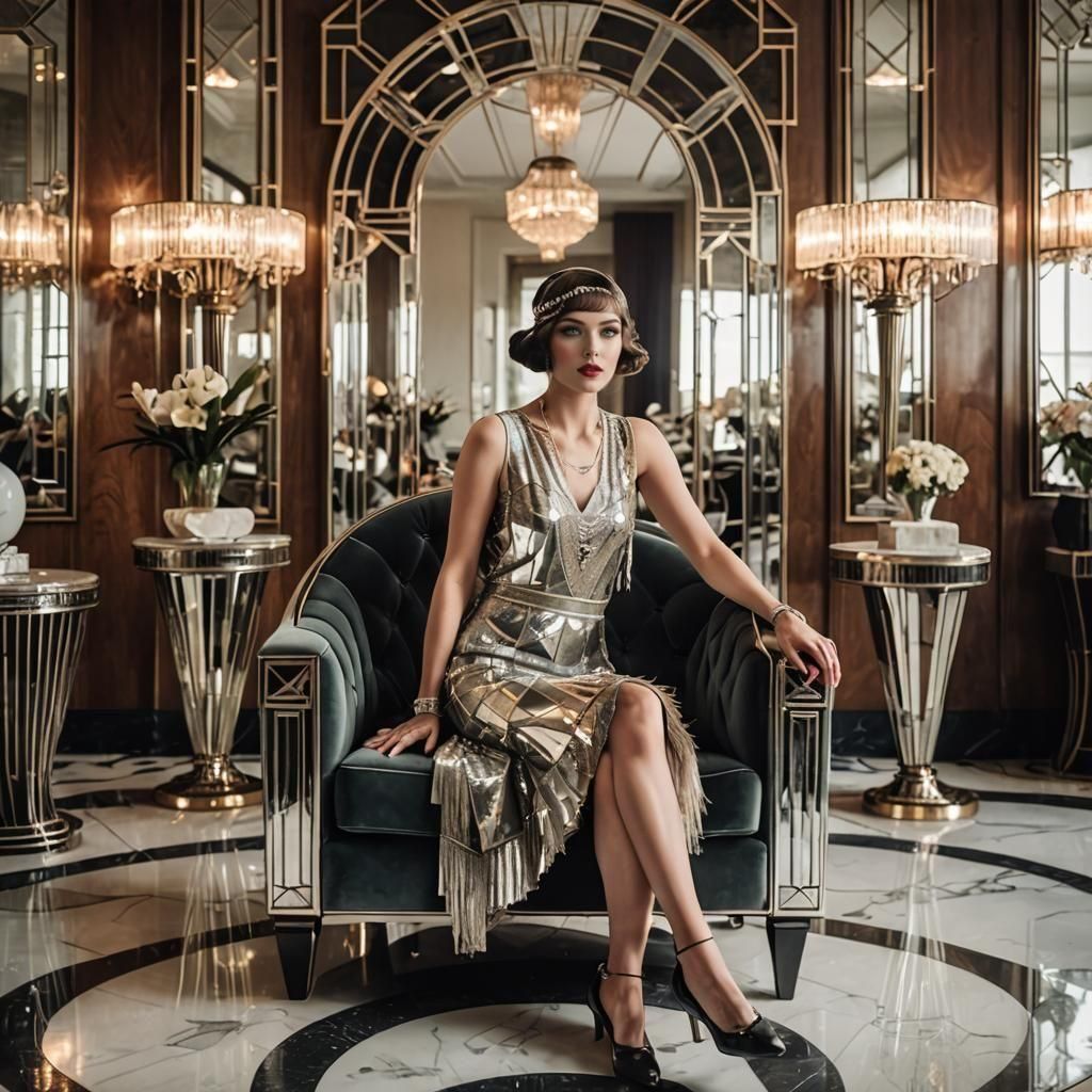 Flapper in Art Deco Room with Mirrored Reflections