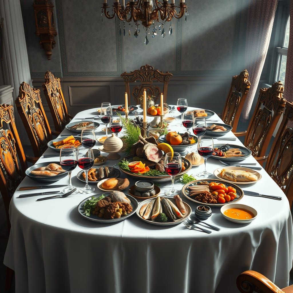 Opulent Jewish Feast in Whimsical Fantasy Realm
