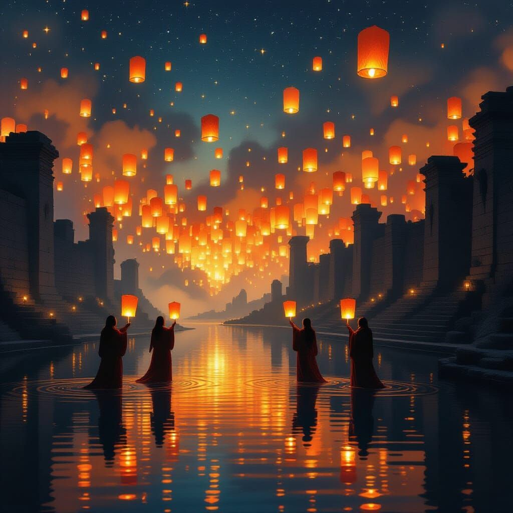 Serene Lake Reflects Glowing Lanterns in Painterly Light