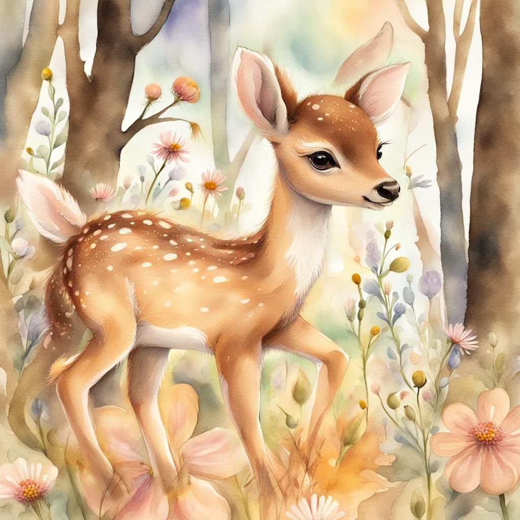 Intricate Storybook Illustration of a Baby Deer