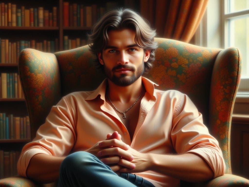Handsome Man in Library, Oil Painting Style
