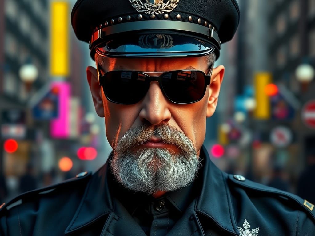 Hyperrealistic Portrait of a Stern Policeman in Dramatic Lig...
