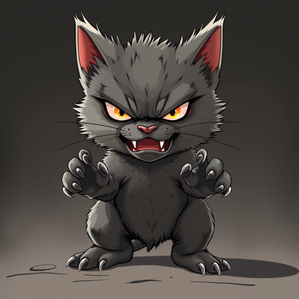 Furious Grey Werecat Baby in Exaggerated Manga Style