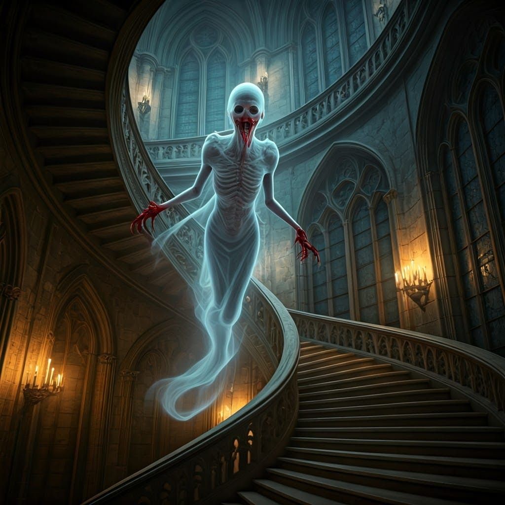 Gothic Astral Entity Descends Spiraled Staircase in Dark, Ma...