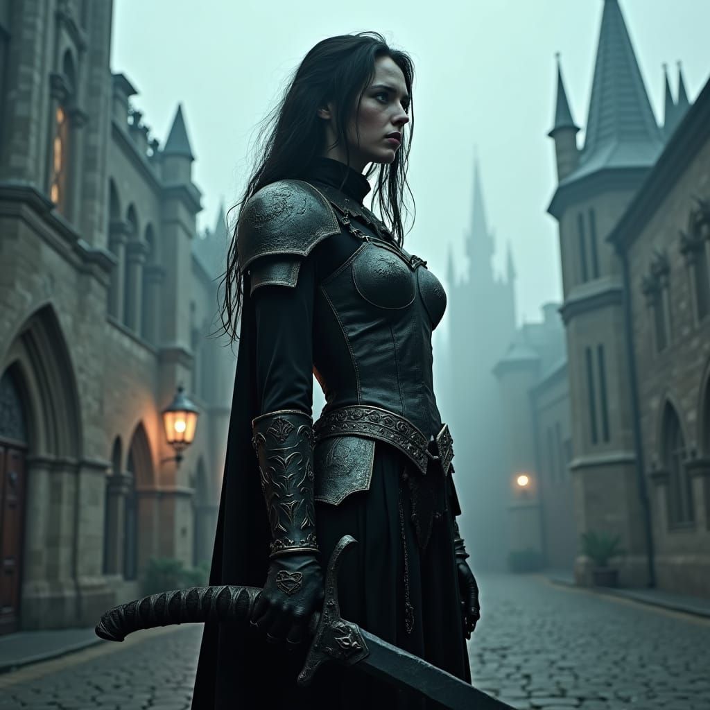 Mystic Warrior in Gothic Cityscape