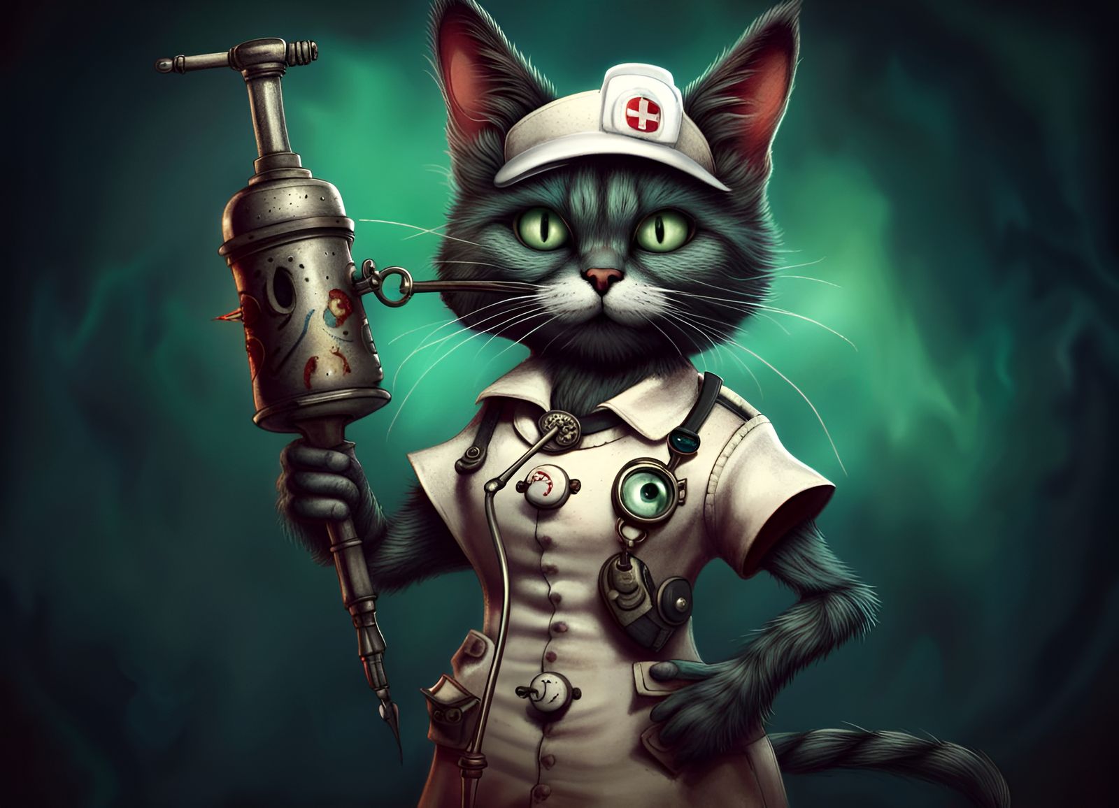Surreal Steampunk Cat Nurse in Mental Hospital