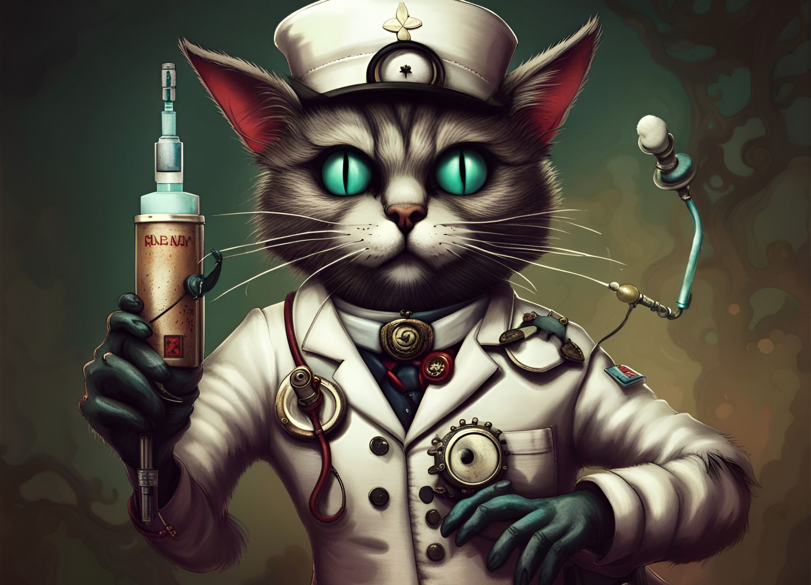 Surreal Cat Nurse in Steampunk Gothic Style